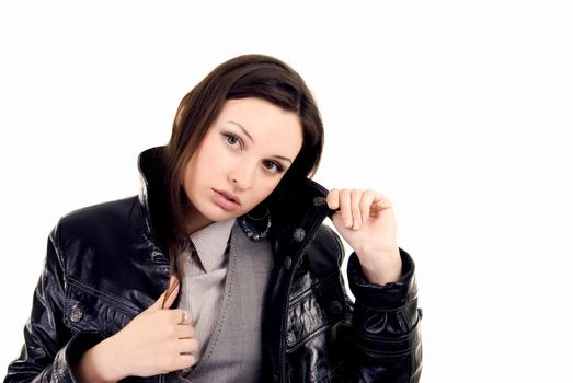 young girl in leather jacket  isolated on white