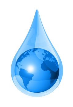 world globe map in a water drop isolated on white. 3D ecology symbol