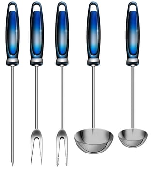 Illustration with four kitchen utensils, 2 ladles, 2 forks and awl on a white background