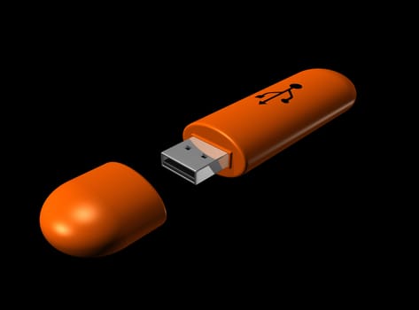 3D orange USB key isolated on black background