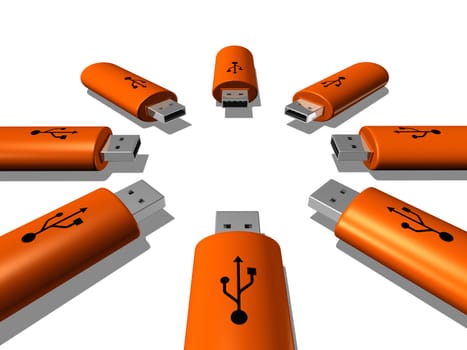 3D orange USB keys isolated on white background