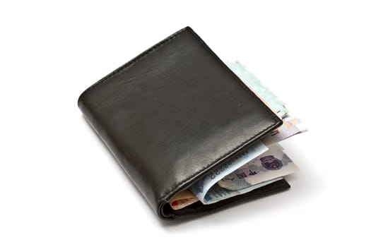 Wallet and various currency isolated on white background
