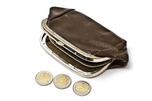 Old purse and euro coins isolated on white background 
