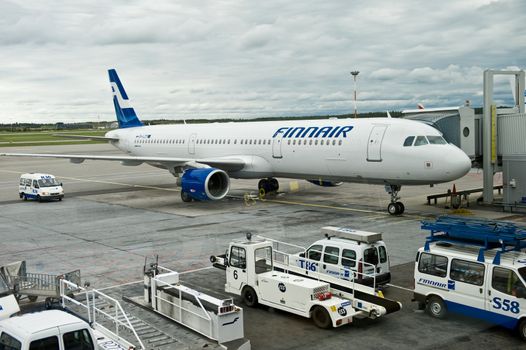 Finnair airplane at the airport of Helsinki Vantaa