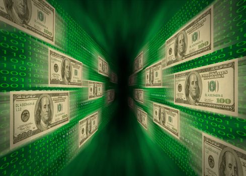 $100 bills flying through a green vortex, with walls of binary code, possibly representing high-speed cash flow, or e-commerce.