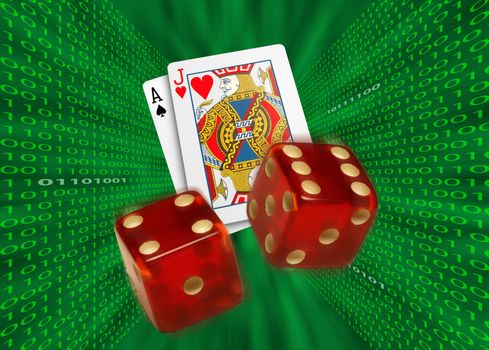 Playing cards and red dice flying toward camera through a green vortex, with walls of binary code, possibly representing Internet gambling.