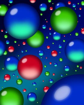 Red, green and blue (RGB) orbs or droplets floating against a bluish field