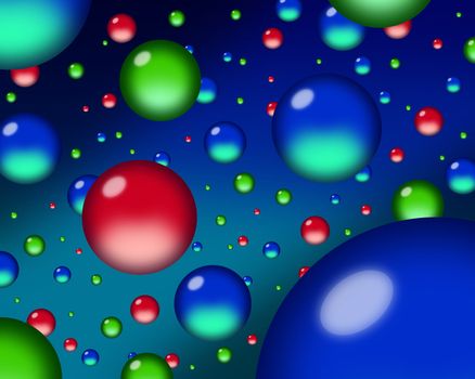Red, green and blue (RGB) orbs or droplets floating against a bluish field