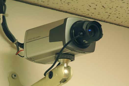 Security camera mounted on a wall