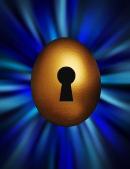 Golden egg with keyhole representing unlocking financial security against a blue vortex background