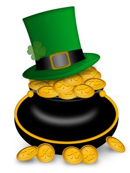 Saint Patricks Day Leprechaun Hat on Pot of Gold Coins Illustration