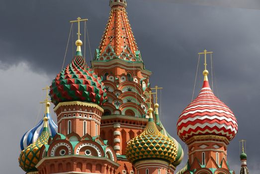Cupolas and domes of Church of desposition of Saint Virgin's Robe also known as Saint Basil's Cathedral of Red Suqre in Moscow, Russia