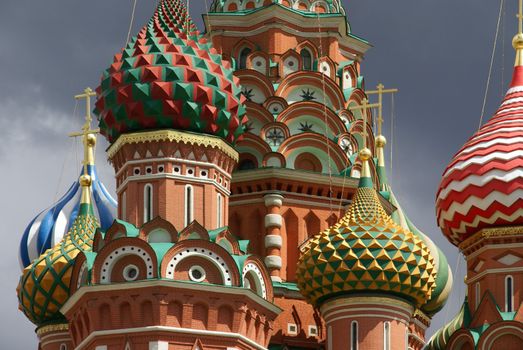 Cupolas and domes of Church of desposition of Saint Virgin's Robe also known as Saint Basil's Cathedral of Red Suqre in Moscow, Russia