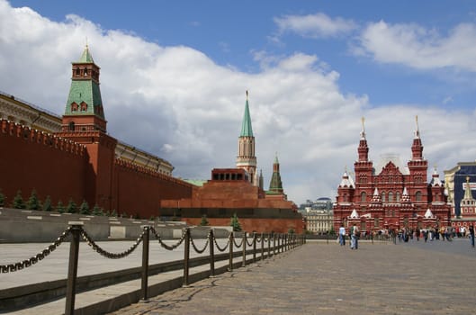 Moscow. Kremlin wall and towers, historical museum on red square
