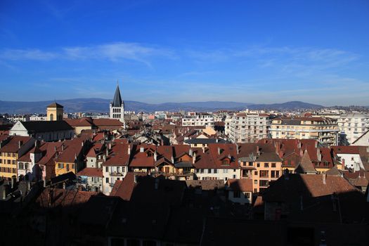 Panoramic view of Annecy city with its roofs and bell tower by beautiful weather