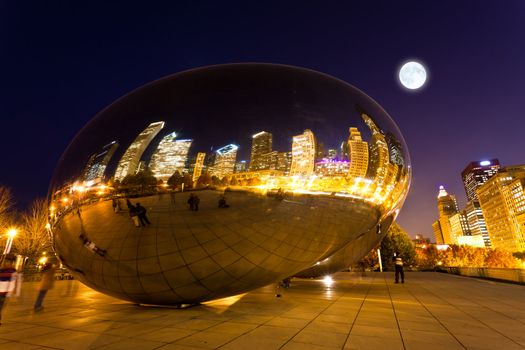  Millennium Plaza in Downtown, Chicago. The amazing night view of the light and reflection of Chicago Skyline