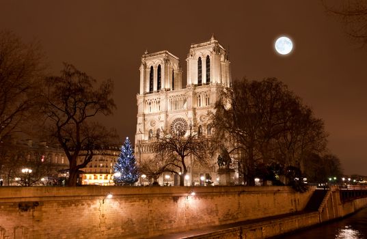 The famous Notre Dame at night in Paris, France