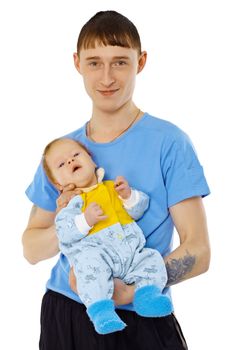 A young man is holding his son - infant isolated on white background