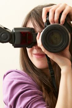 Girl with a camera in black and white, self portrait