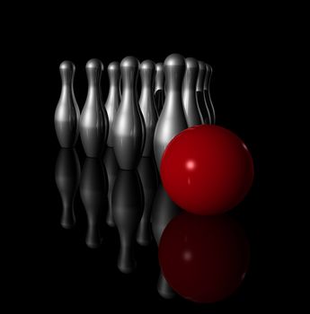 ten metal bowling skittles and red ball on black background - three dimensional illustration