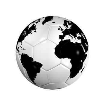 3D isolated Black and white soccer ball with world map, world football cup 2010