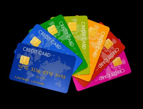 credit cards group making a color swatch, isolated on black