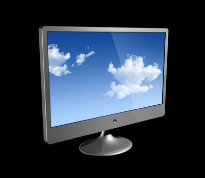 Three dimensional flat computer monitor isolated on black