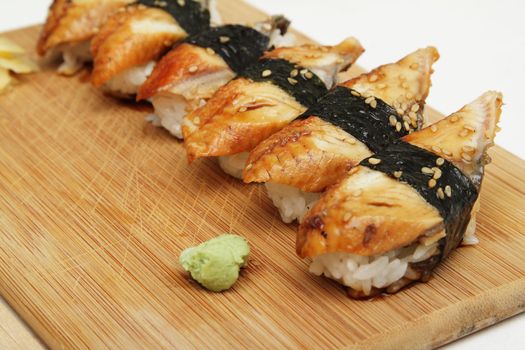 Group of broiled eel (unagi) sushi