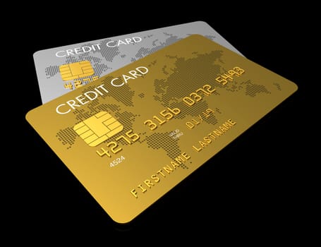 Gold and silver credit card isolated on black with clipping path