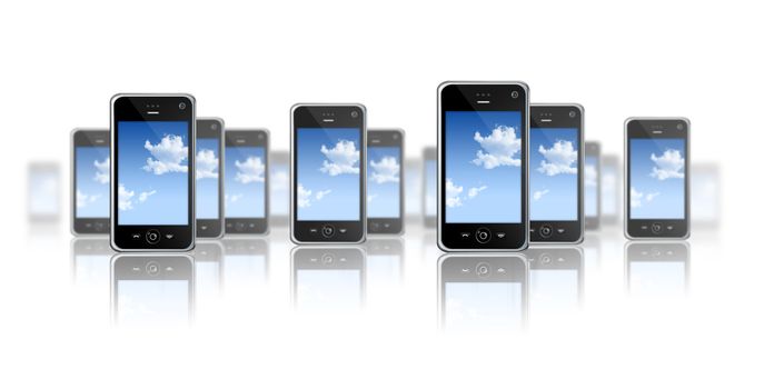 many three dimensional mobile phones on a white background