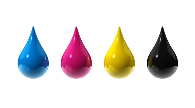 3D cmyk ink drops isolated on white