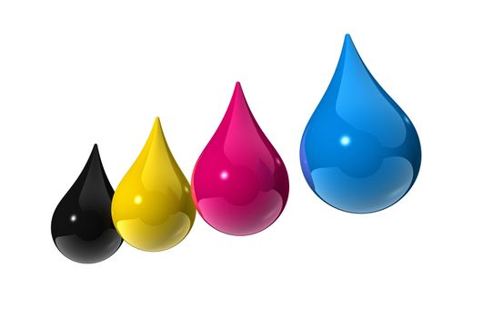 3D cmyk ink drops isolated on white