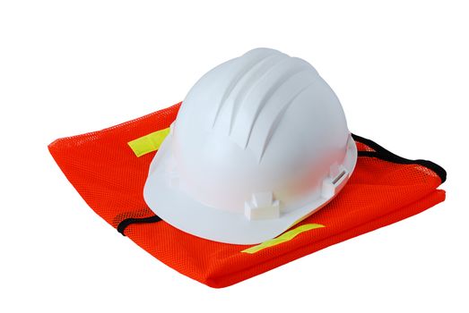 Basic work safety set including helmet and orange vest isolated on white background