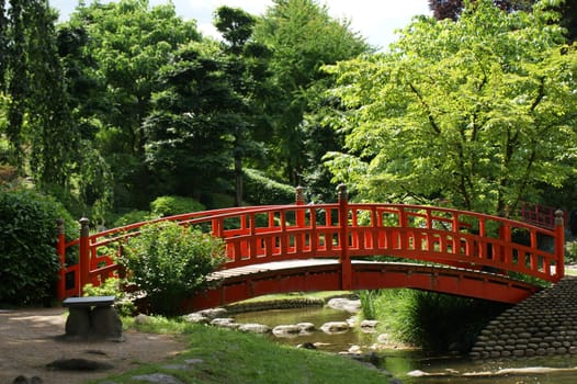 Red bridge in a japanese garden