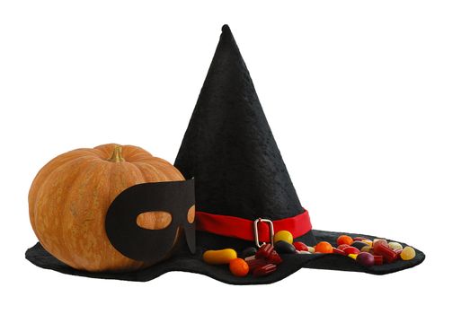 Halloween candies and masqueraded pumpkin on edge of black witch hat isolated on white background