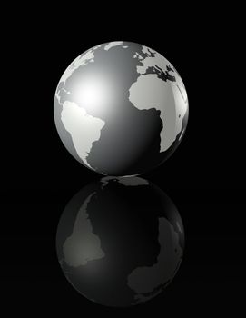 metal glossy earth globe on black background - three dimensional illustration