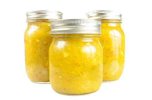 Three jars of relish, isolated against a white background.