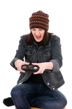 woman gamer with joystick isolated on white background