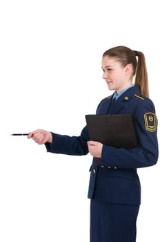 girl in the uniform of the railway with a folder