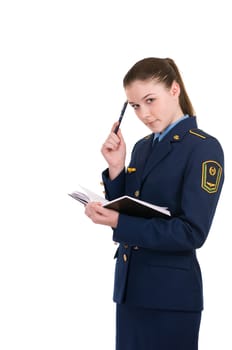 girl in the uniform of the railway with a diary isolated on white background