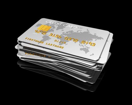 stack of silver credit cards isolated on black with clipping path