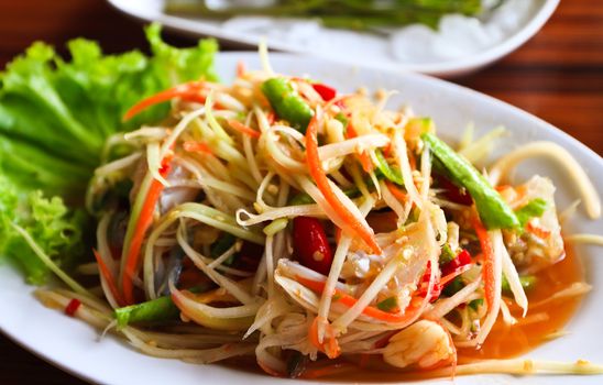 Green papaya salad, North east cuisine. Thailand