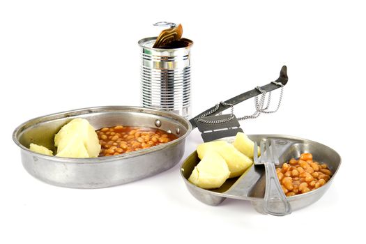 military cooking stuff with potatoes and beans