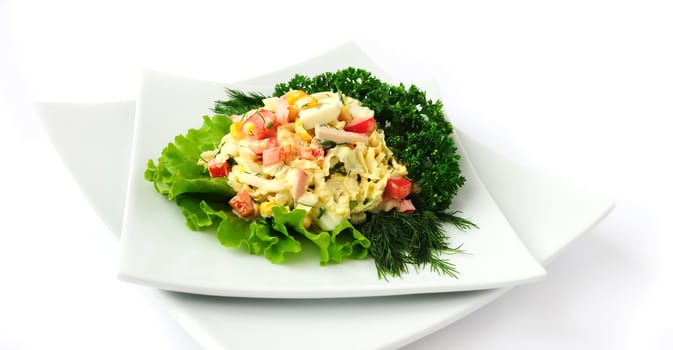 a salad of corn, Chinese cabbage, egg, ham, peppers and mayonnaise

