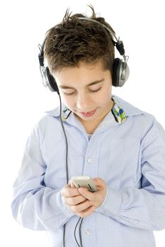 a boy listining to music with a headphone and a mp3-player