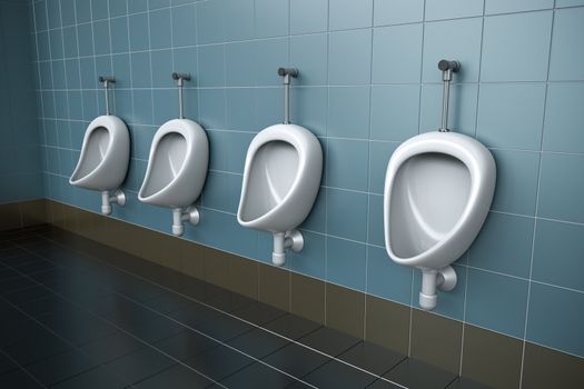 Row of four urinals. 3D rendered image.