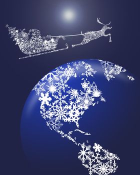 Christmas in Sleigh with Reindeer over Earth Globe Clipart Illustration