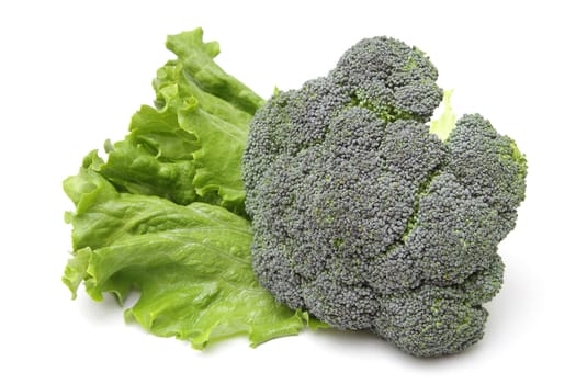 Broccoli and a leaf of lettuce isolated on white background