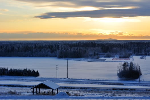 City of Fairbanks, Alaska at sunset in winter 