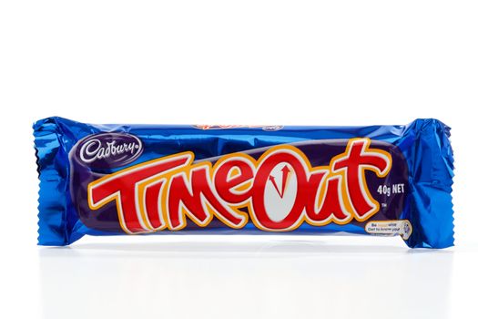 Cadbury Timeout 40g (442kj)  chocolate bar in packaging.  Timeout consists of wafer fingers with a Cadbury Flake centre and coated in dairy milk chocolate.  White background.  Editorial use only.